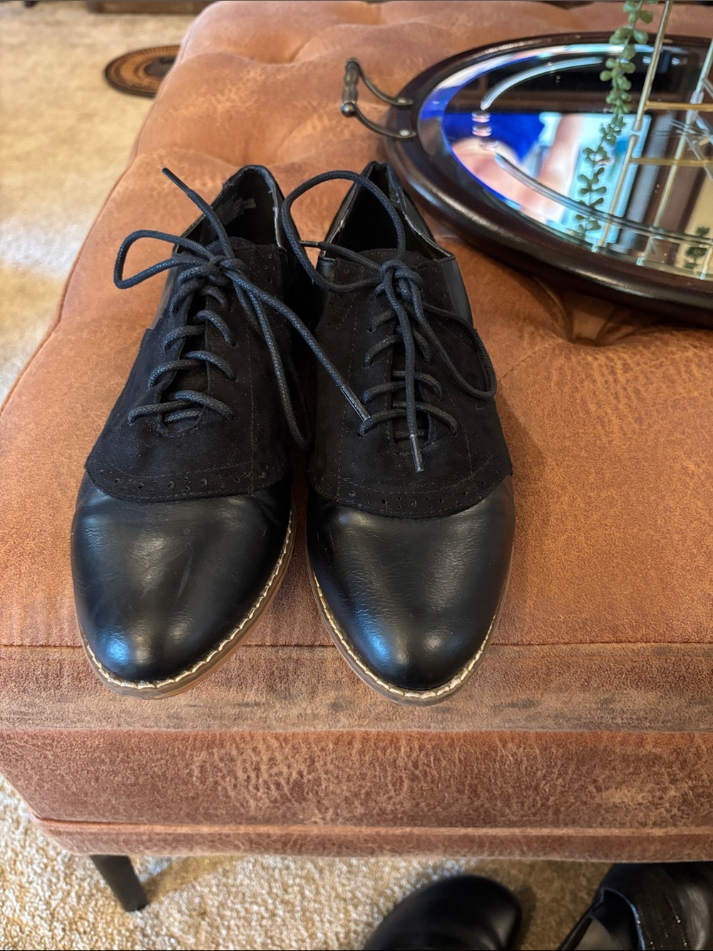 JustFab Black Leather and Suede Oxford Lace-Up Shoes